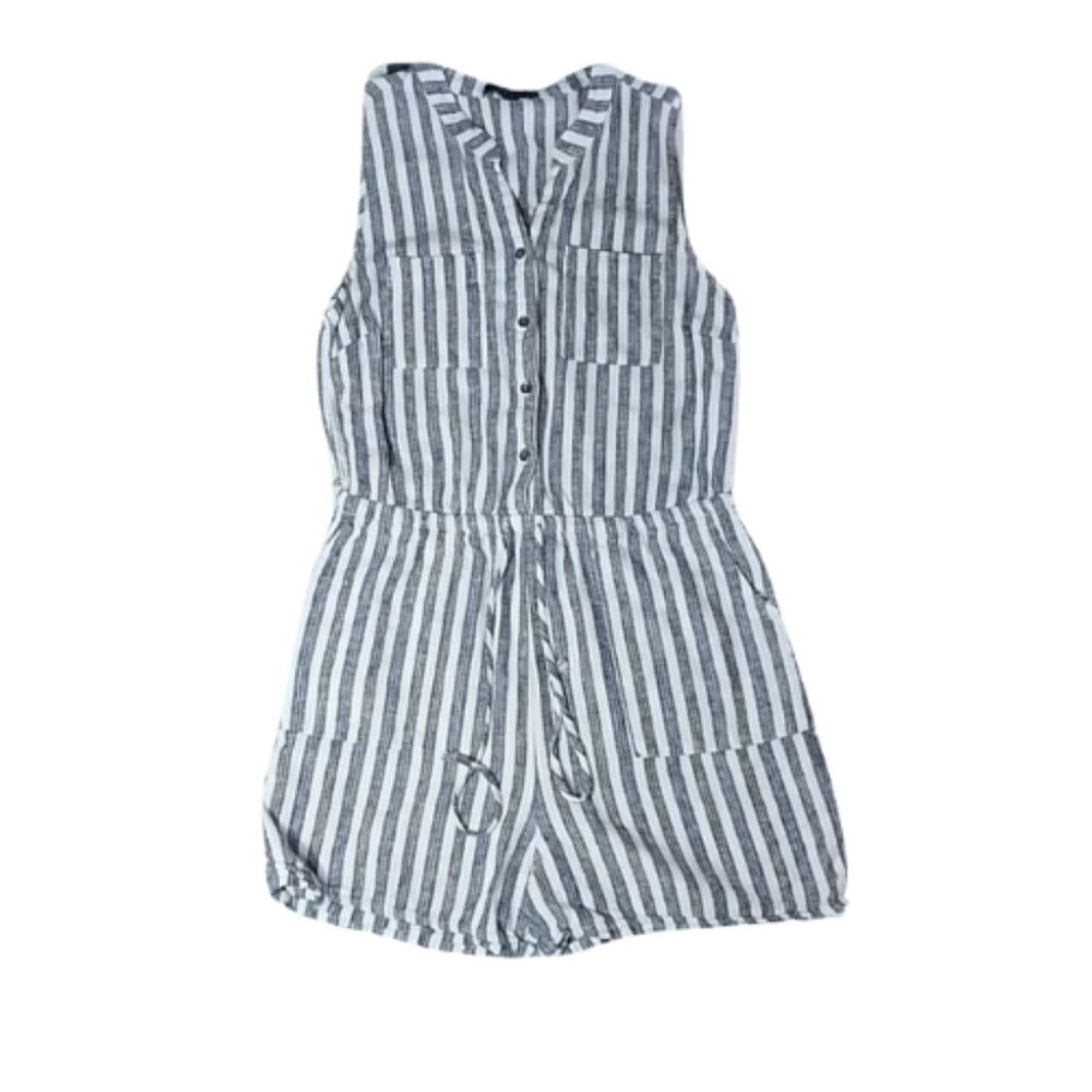 Linen Romper Women Med Blue White Stripe Pockets Shorts Sleeveless Kelly Renee